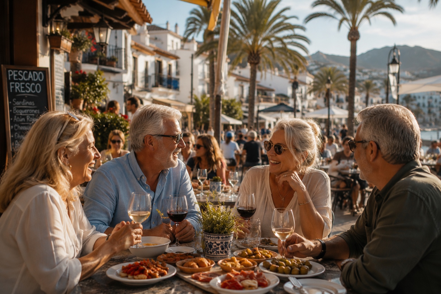 Přátelé u večeře ve španělské restauraci